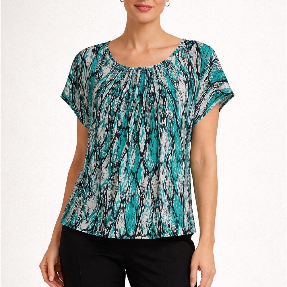 Liz Claiborne Woman 3X Teal Abstract Animal Print Keyhole Neck Blouse Tunic Top